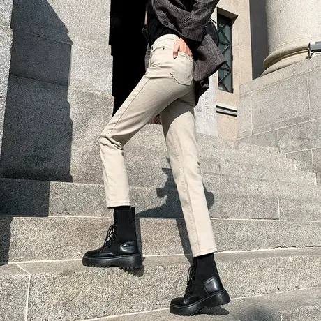 高腰牛仔裤女直筒宽松春秋季新款宽松显瘦显高杏色米色九分烟管裤商品大图