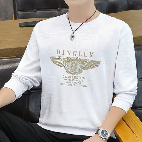 长袖t恤男士春秋季新款2024外穿秋衣男士潮流体恤打底衫男装圆领商品大图