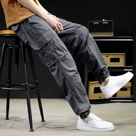 纯棉休闲裤男士秋季潮牌宽松多口袋工装裤大码男装直筒束脚长裤子商品大图