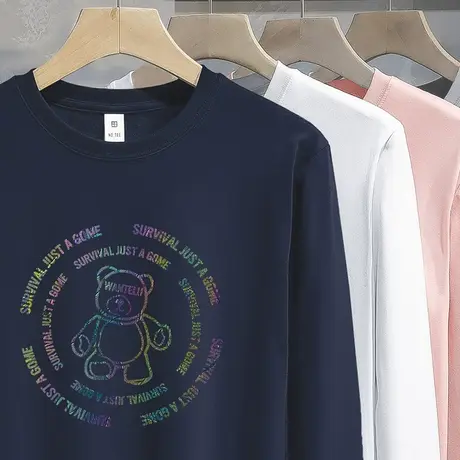 重磅纯棉长袖t恤男秋季2023新款潮牌小熊内搭打底衫圆领全棉体恤商品大图