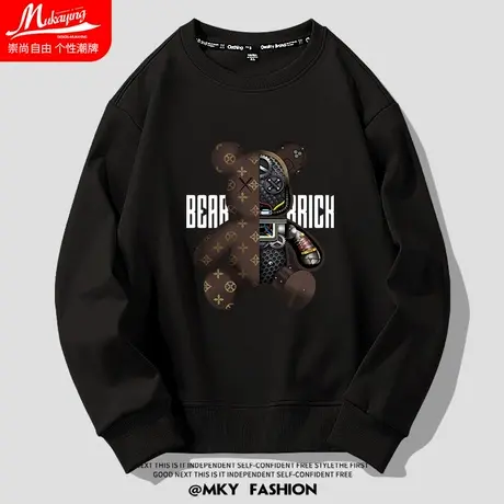 美式机械暴力熊圆领卫衣男士秋季宽松百搭休闲黑色套头长袖情侣装图片