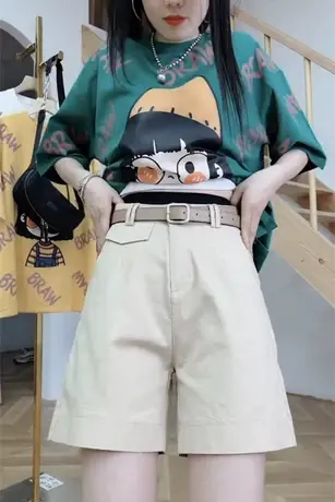 工装短裤女2023春夏季新款阔腿高腰宽松百搭中裤直筒休闲五分裤子图片