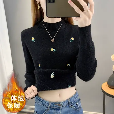 一体绒半高领毛衣女2022年新款加绒加厚保暖打底衫女秋冬内搭洋气图片
