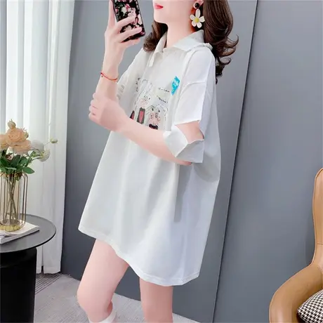 设计感减龄Polo领短袖T恤女薄款2023新款夏季洋气中长款休闲上衣图片