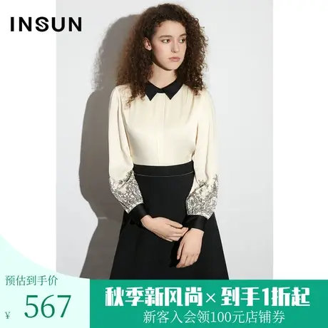 [醋酸系列]恩裳COVER2023年春款双面缎拼接闪光梭织仿绣花连衣裙图片