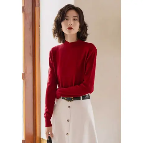 弥古复古红色针织衫半高领打底毛衣女秋冬高级感修身绿色内搭上衣商品大图