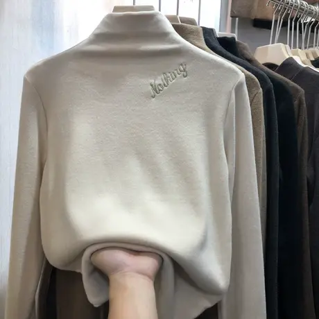 半高领德绒打底衫长袖t恤女2020秋冬保暖内搭加绒加厚修身上衣服商品大图