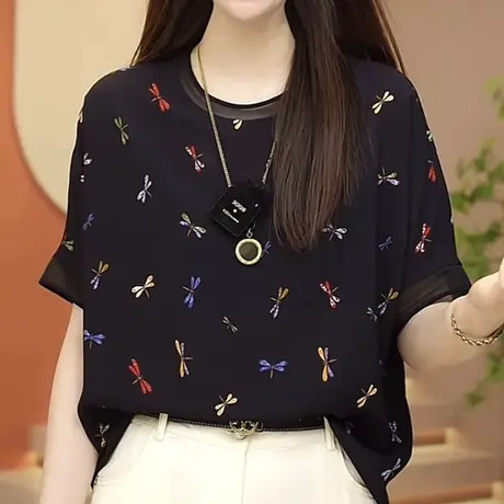 重磅真丝遮肚子女式2023夏季新款宽松显瘦印花小衫短款桑蚕丝上衣图片