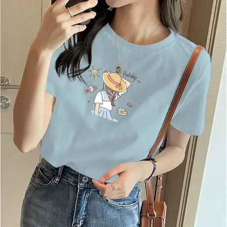 短袖t恤女夏季学生韩版宽松圆领洋气印花百搭原宿风上衣潮流女装图片