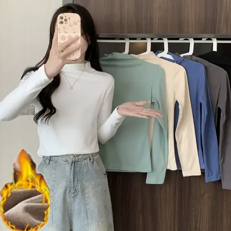 德绒半高领打底衫女长袖内搭t恤春秋冬洋气新款堆领黑色德绒上衣商品大图