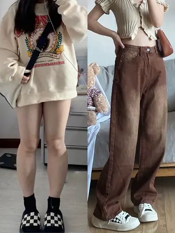 棕色直筒牛仔裤女春秋新款大码胖mm高腰显瘦宽松梨形身材阔腿裤子图片