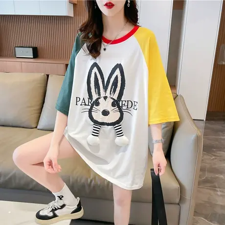 小众设计感短袖t恤女夏装韩版宽松大码中长款撞色百搭学生上衣服图片