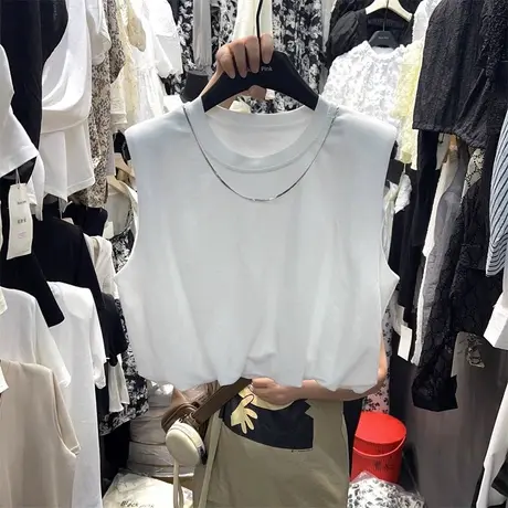 链条设计感小众T恤无袖女夏天2023新款宽松百搭短款收腰纯棉上衣商品大图