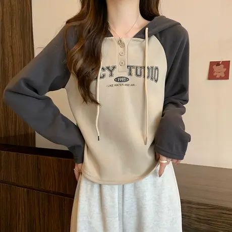 连帽长袖T恤女秋冬季内搭短款显瘦洋气小众设计感大码卫衣打底衫商品大图