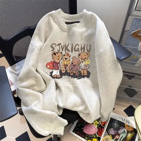 设计感小熊印花卫衣女春秋季薄款宽松慵懒风chic无帽上衣oversize商品大图