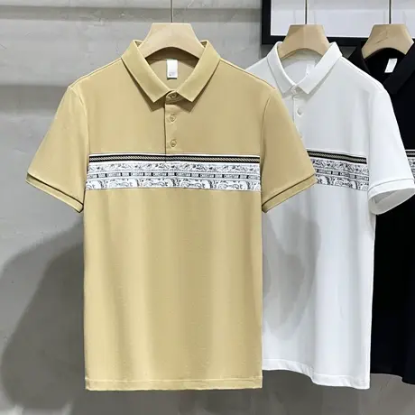 冰丝夏季新款男士时尚条纹拼色Polo衫短袖男装商务休闲翻领T恤潮商品大图