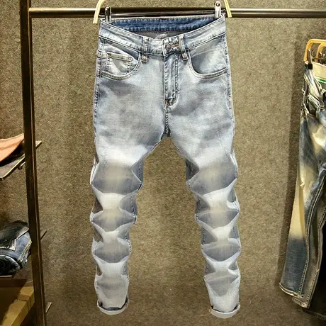 浅色潮牌牛仔裤男修身弹力小脚裤时尚大牌休闲百搭男裤春夏季新款商品大图