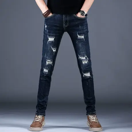 2023男士新款牛仔裤男春秋时尚修身破洞补丁小脚裤百搭百搭潮牌裤商品大图