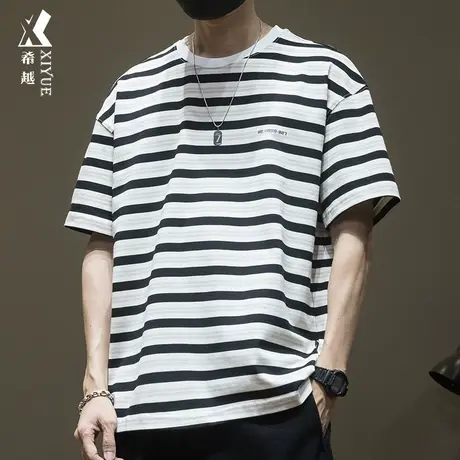 希越夏季日系潮流条纹短袖T恤男重磅纯棉针织衫宽松大码半袖衣服商品大图