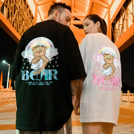 小熊情侣t恤2023新款网红情侣装夏季ins超火港风大码潮牌宽松短袖商品大图