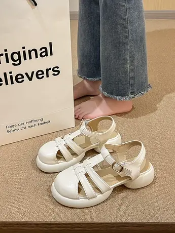 包头厚底猪笼鞋女皮面镂空粗跟罗马鞋2023新款夏季沙滩鞋仙女凉鞋商品大图