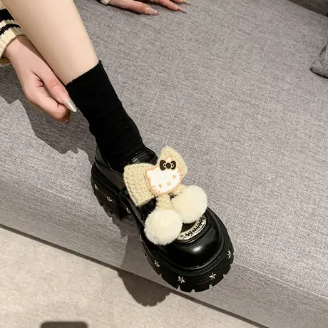 乐福鞋女鞋厚底增高小个子百搭单鞋2024新款春秋蝴蝶结粗跟小皮鞋图片