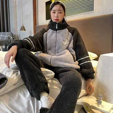 睡衣女秋冬季珊瑚绒加绒加厚法兰绒冬天女士拉链款家居服套装冬款图片