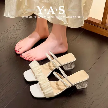 仙女风~网纱时尚凉鞋女外穿中跟2024夏款水晶两穿时装粗跟凉拖鞋图片