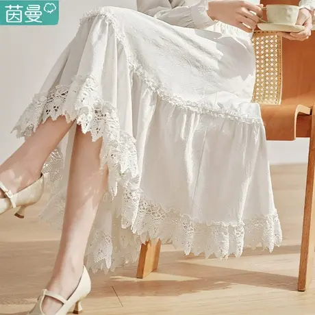 茵曼旗舰店法式半身裙女2024年春季新款松紧高腰a字白色伞裙子图片