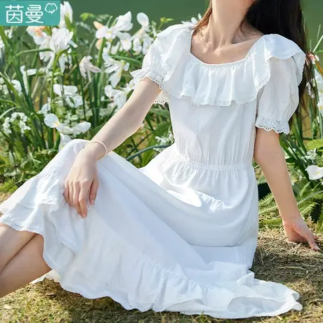 茵曼方领女裙子2023年夏季新款绿色连衣裙仙气超仙森系短袖长裙商品大图