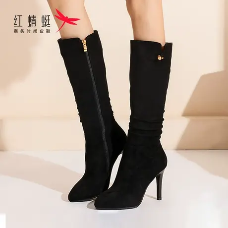 红蜻蜓女鞋女靴加绒保暖长筒时尚休闲细跟高筒百搭软面舒适透气靴商品大图