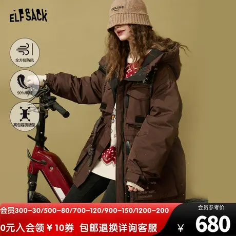 妖精的口袋咖色工装羽绒服女2022冬季新款复古中长款小个子厚外套图片