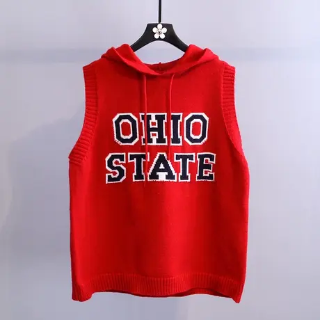 针织连帽字母背心马甲女秋冬2023新款尚字母休闲宽松无袖毛衣马夹商品大图