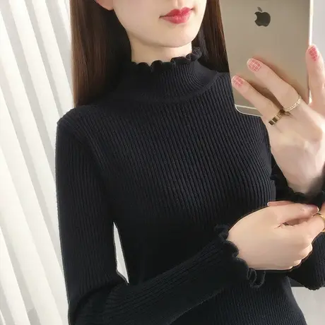 黑色打底衫女新款秋冬中领内搭针织衫上衣修身紧身短款半高领毛衣图片