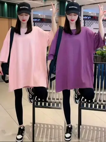 简约纯色中长款短袖T恤女新款2023夏季韩版宽松百搭显瘦圆领上衣商品大图