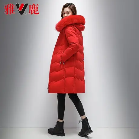 雅鹿保暖羽绒服女中长款2022冬季新款连帽时尚大狐狸毛领外套红色商品大图
