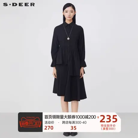 sdeer圣迪奥衬衫连衣裙翻领抽绳拼接不规则连衣裙秋冬S21461227图片