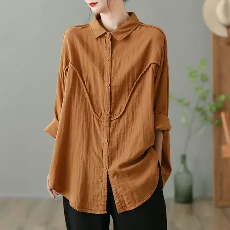 dza 复古纯色全棉长袖衬衣女士秋季内搭短款上衣宽松显瘦百搭衬衫商品大图