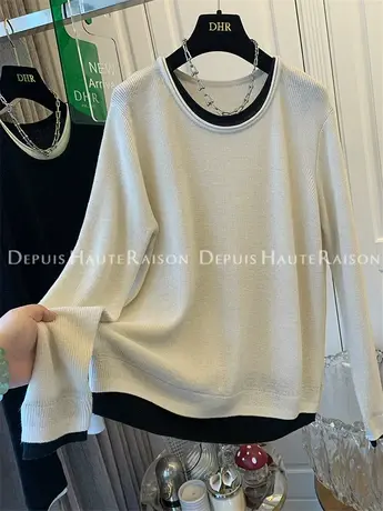 气质圆领假两件针织衫上衣服女宽松休闲设计感小众秋装新款小个子商品大图