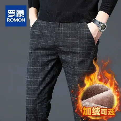 罗蒙秋冬男士休闲裤加绒厚款修身小脚长裤子中青年工装格子男裤潮商品大图