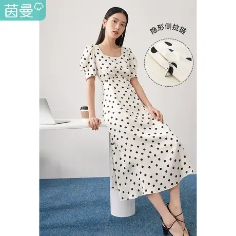 【商场同款】茵曼波点法式方领连衣裙女士2023春季新款气质伞裙子图片