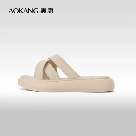 奥康女鞋 夏季新款真皮一字带厚底拖鞋可外穿舒适百搭女拖鞋商品大图