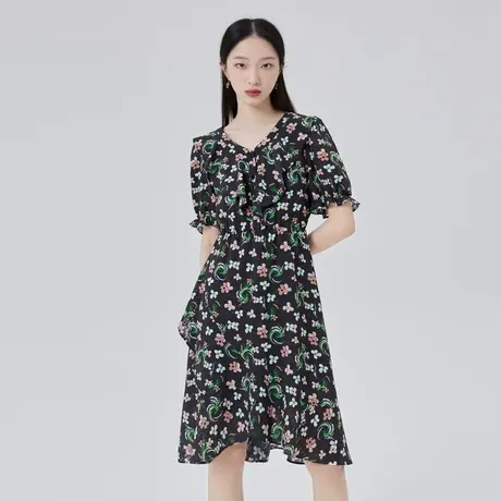 艾莱依荷叶领花影连衣裙夏季新款休闲度假风时尚简约V领中长款裙图片