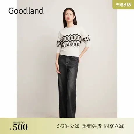Goodland美地秋季绵羊毛菱形提花落肩套头毛针织衫图片