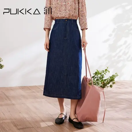 蒲PUKKA 春夏季新品简约优雅棉麻A型牛仔半身裙图片