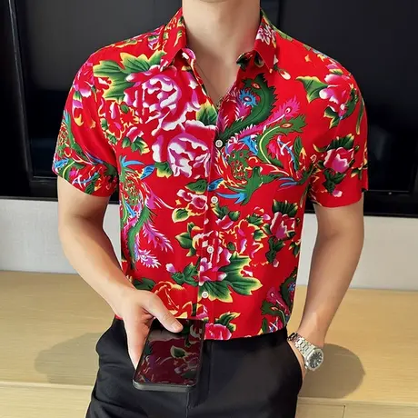 冰丝短袖衬衫男东北大花夏季潮流宽松薄款中国风翻领男装体恤上衣商品大图