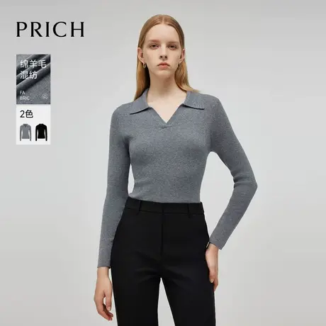 【绵羊毛】PRICH简约气质翻领针织衫2024冬季新款长袖套头毛衣商品大图