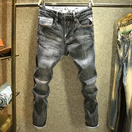 秋冬黑灰色牛仔裤男潮牌设计口袋撞色裤子高端水洗耐磨修身小脚裤商品大图