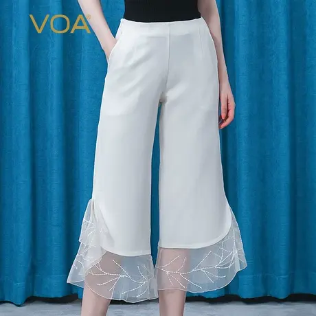 VOA真丝长空重磅60姆米白色插袋撞料拼接装饰熟女桑蚕丝阔腿裤商品大图