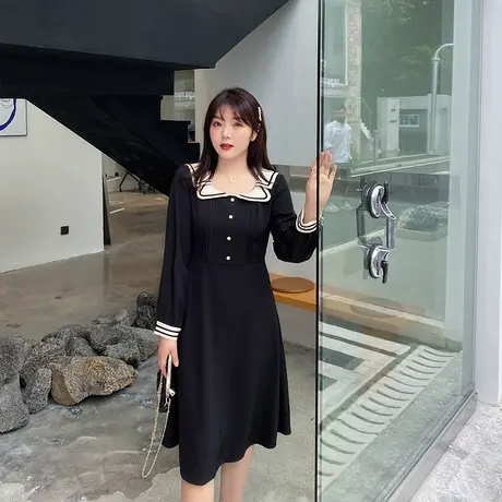2023秋新款双层翻领显瘦百搭遮肉法式中长款过膝大码连衣裙胖MM商品大图